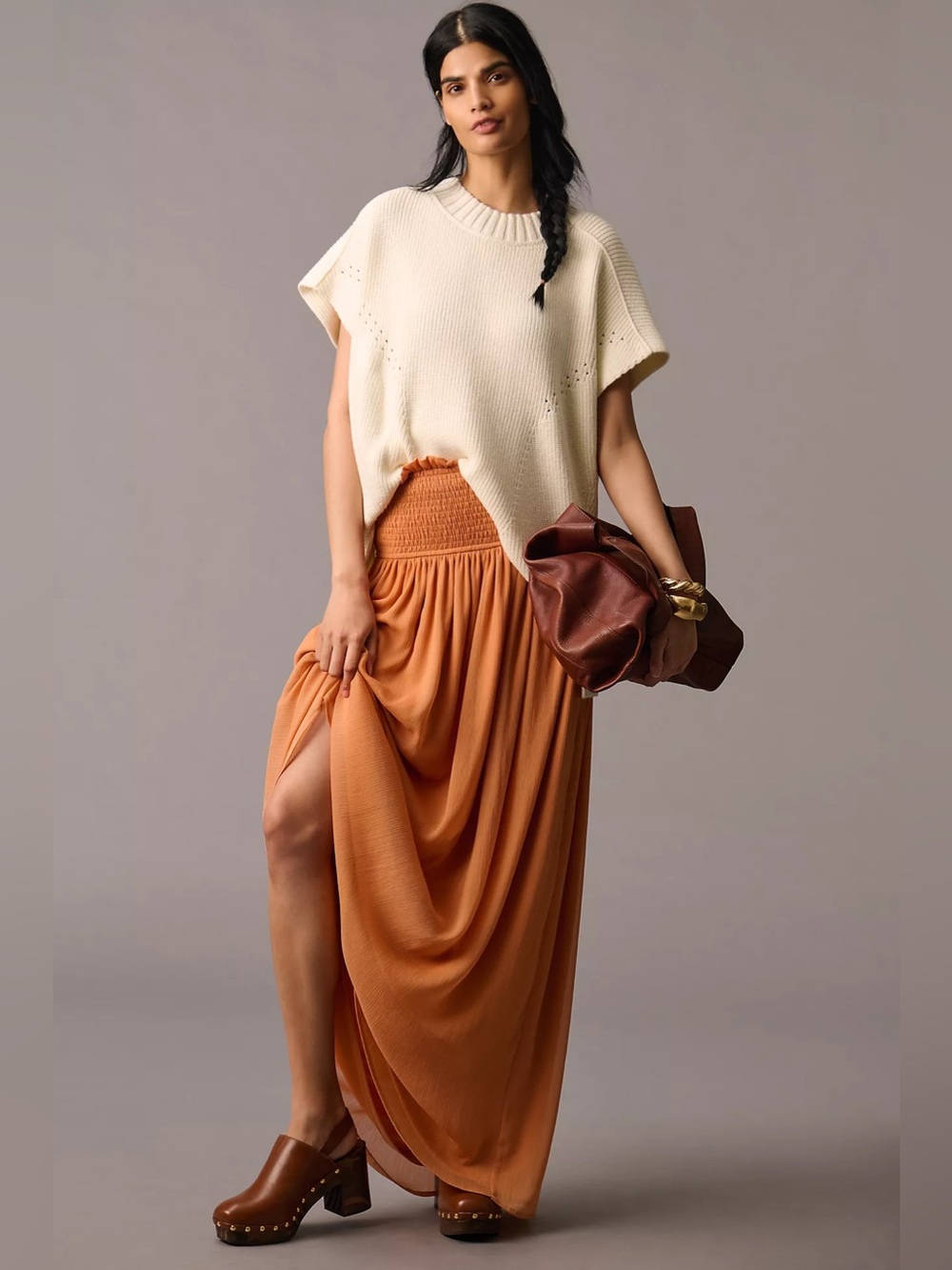 Anthropologie Smocked Sheer Maxi Skirt Size S Orange